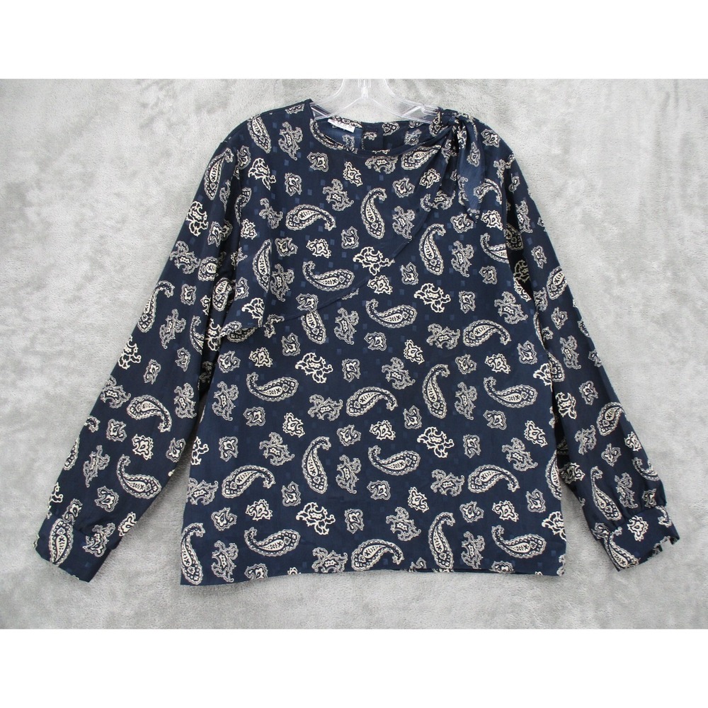 Vintage Russ Top Womens Size 14 Blue Paisley Union Made Boho Button Drape Tie
